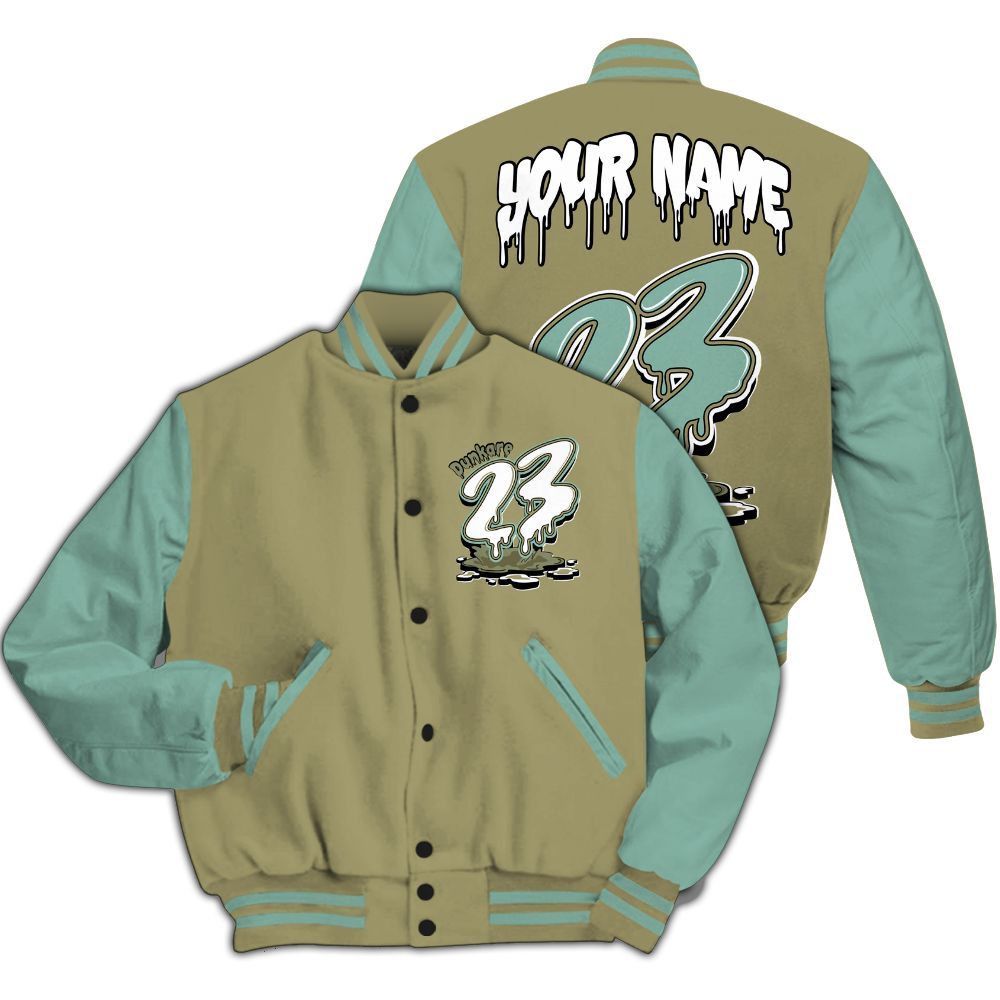 Varsity Jacket To Match Dunk Low Suede Olive Aura - Custom Name 23 Drip All Over Print