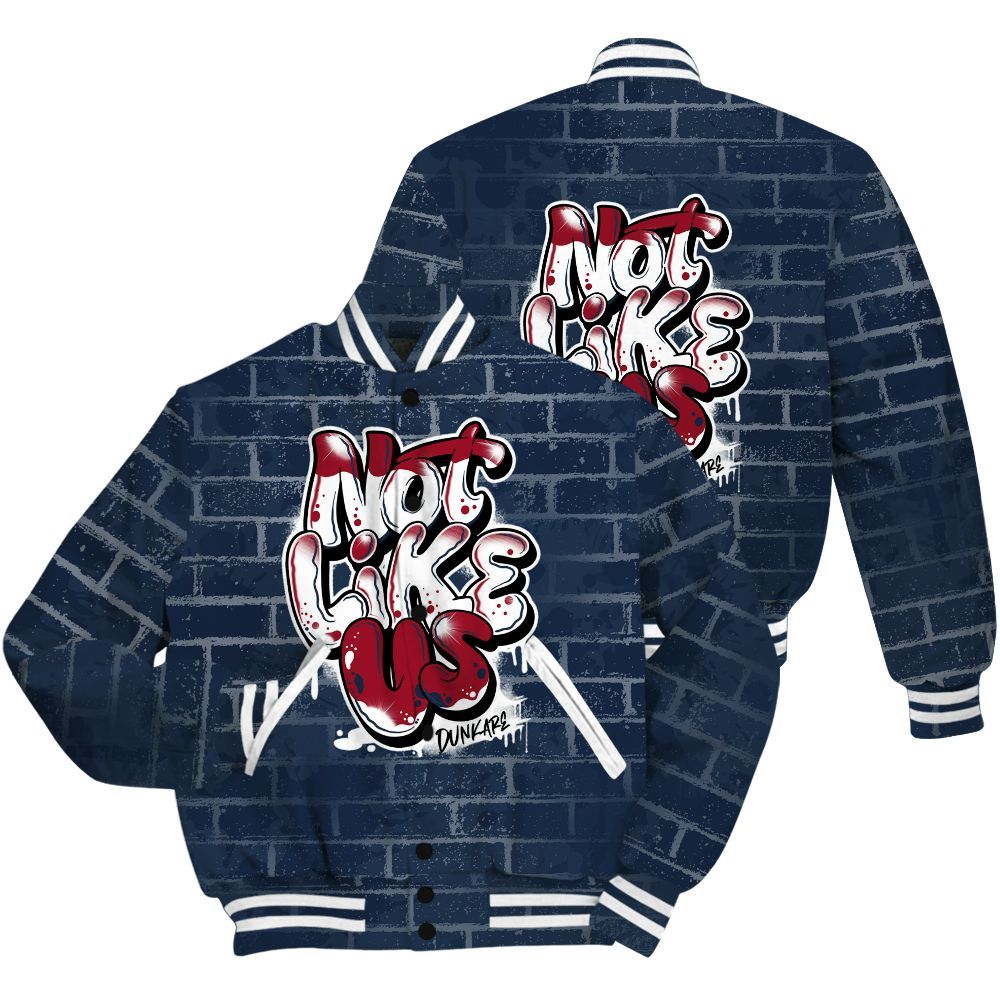 Varsity Jacket To Match White Midnight Navy 6s Shirt - None Like Us Graphic Brick Art All Over Print