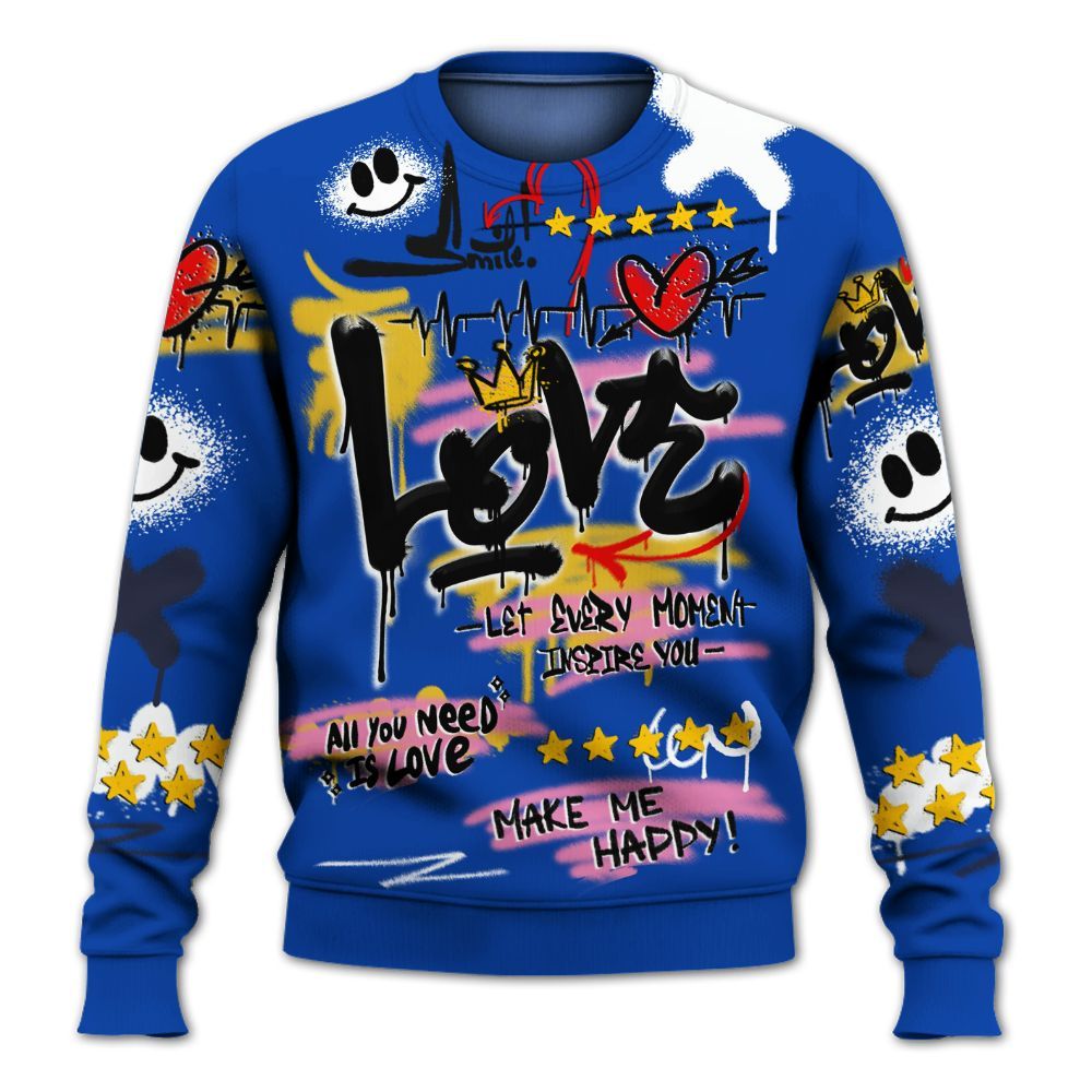 Sweatshirt To Match Brazil Racer Blue Yellow 3s - Happy Love Beats Graffiti Streetwear All Over Print