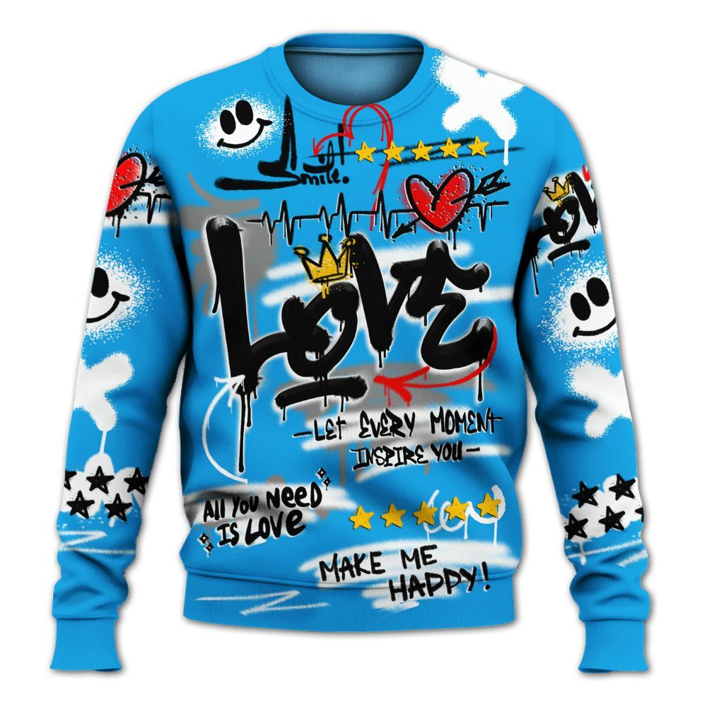 Sweatshirt To Match Black University Blue 2022 13s - Happy Love Beats Graffiti Streetwear All Over Print