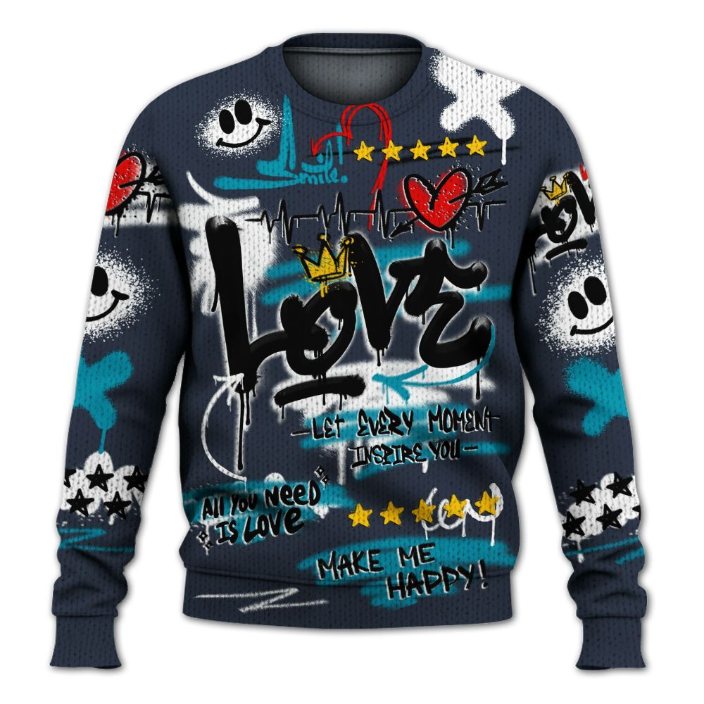 Knitted Sweater To Match Retro Obsidian 13s - Happy Love Beats Graffiti Streetwear