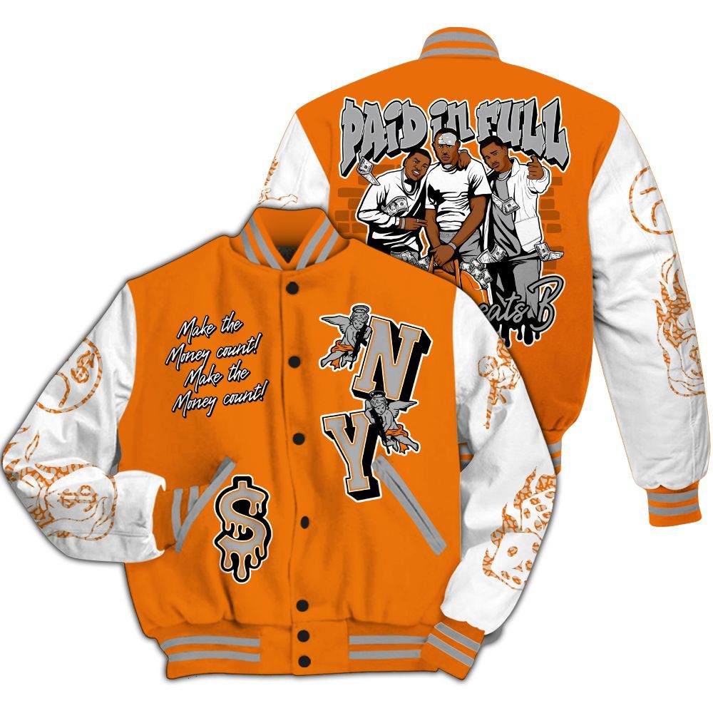 Varsity Jacket To Match Orange Citrus 3s - Paid In Full Money Graphic Varsity Jacket All Over Print
