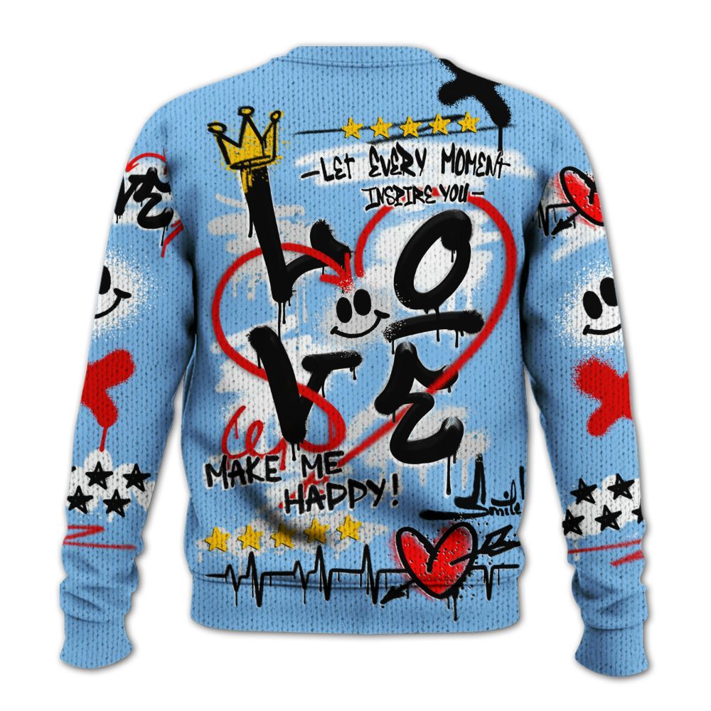 Knitted Sweater To Match University Blue 5s - Happy Love Beats Graffiti Streetwear