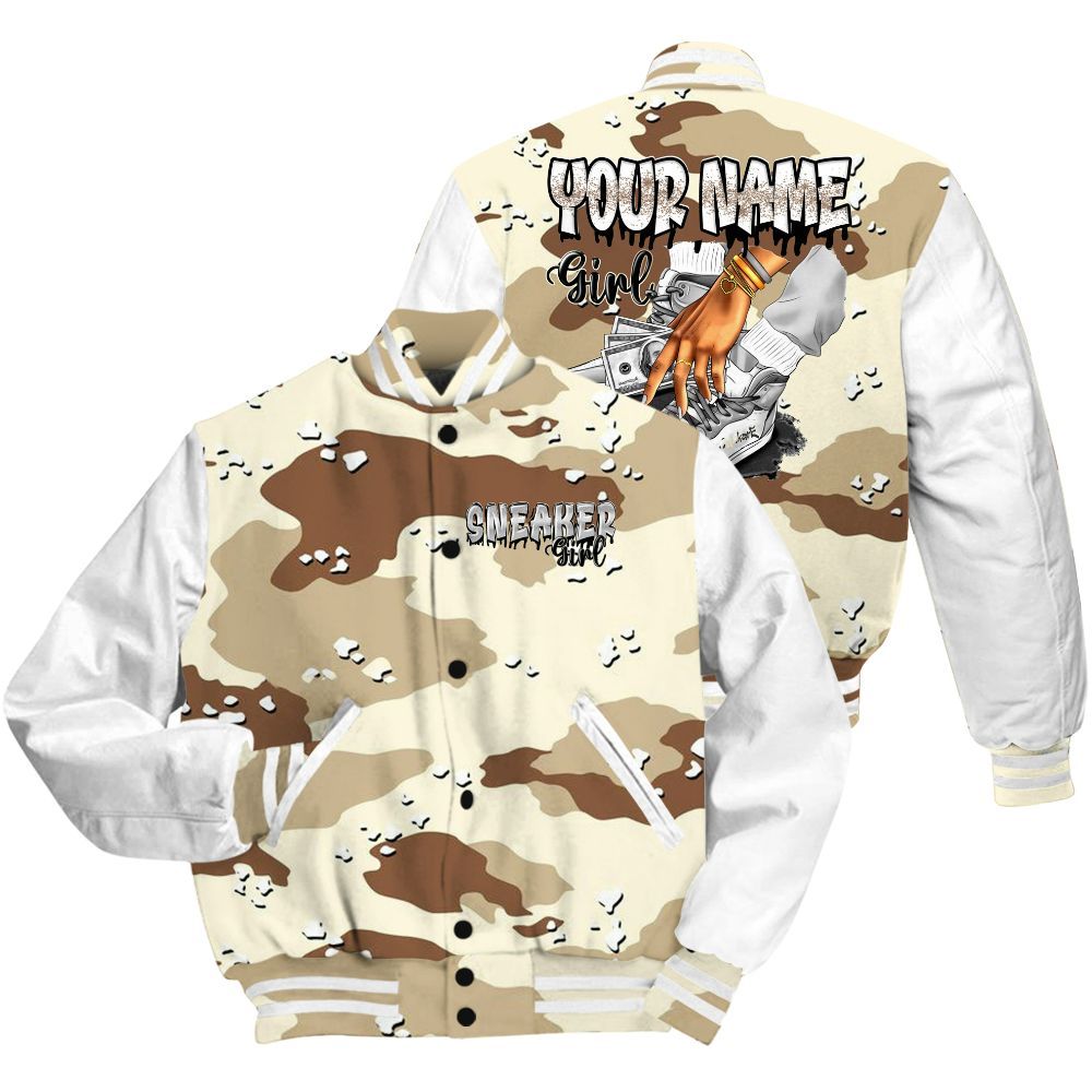 Varsity Jacket To Match Desert Camo 3s - Custom Name Sneaker Girl Money All Over Print
