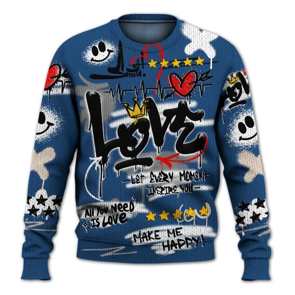 Knitted Sweater To Match High OG Midnight Navy 1s - Happy Love Beats Graffiti Streetwear