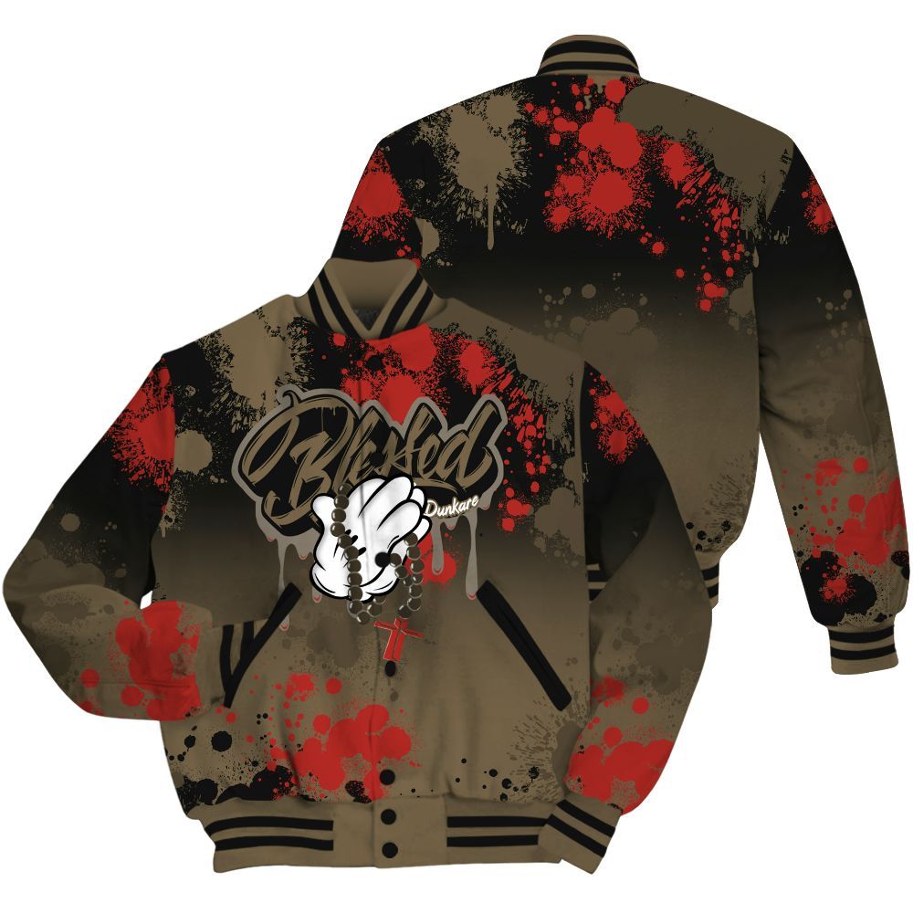 Varsity Jacket To Match Olive 9s Shirt, God Blessed Dripping All Over Print