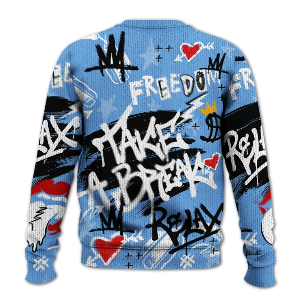 Knitted Sweater To Match University Blue 6s - Take Break Freedom Graffiti Streetwear
