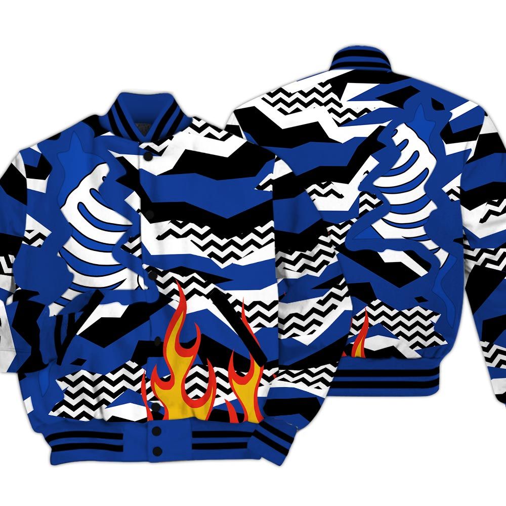 Varsity Jacket To Match Air Foamposite One Royal - Retro Geometric Camouflage Flame Baseball Varsity Jacket Outfit