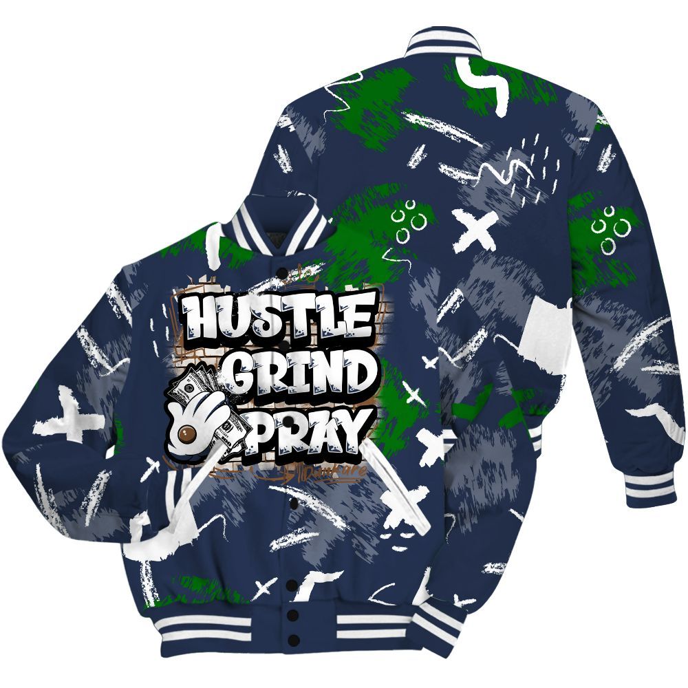 Varsity Jacket To Match Midnight Navy 13s - Hustle Grind Pray Retro All Over Print