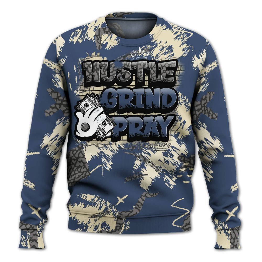 Sweatshirt To Match Diffused Blue 3s - Hustle Grind Pray Retro All Over Print
