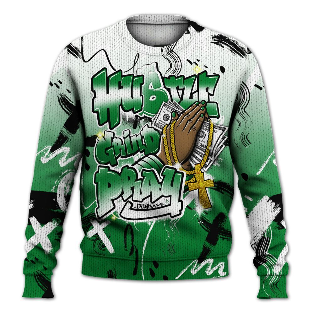 Knitted Sweater To Match Lucky Green 1s - Money Hustle Grind Pray