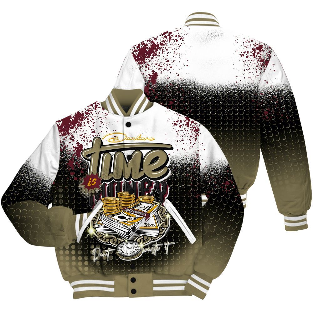 Varsity Jacket To Match Black Olive 7s Shirt, Halftone Time Is Money All Over Print
