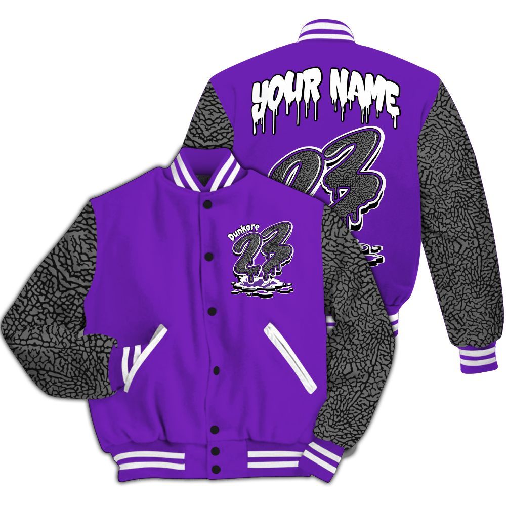 Varsity Jacket To Match Retro Dark Iris 3s - Custom Name 23 Drip All Over Print