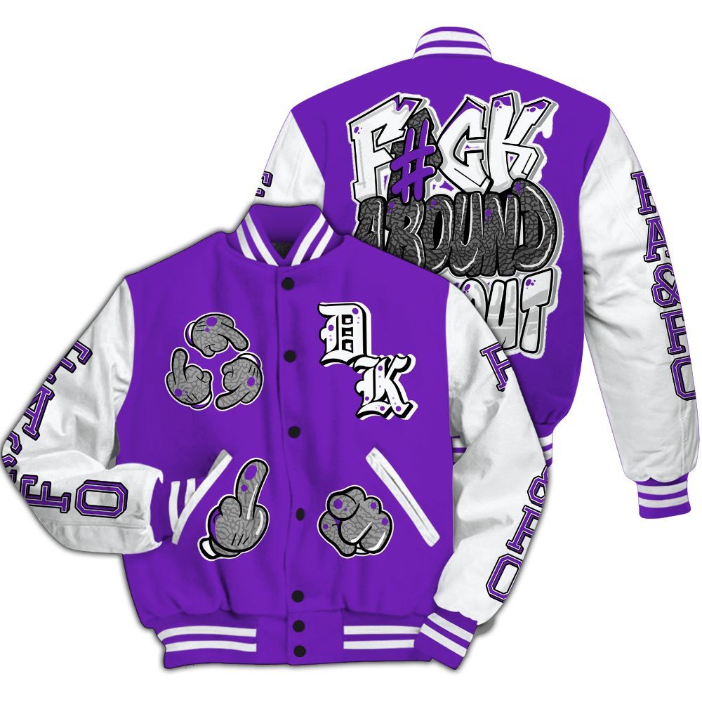 Varsity Jacket To Match Retro Dark Iris 3s - F Around Find Out Graphic All Over Print