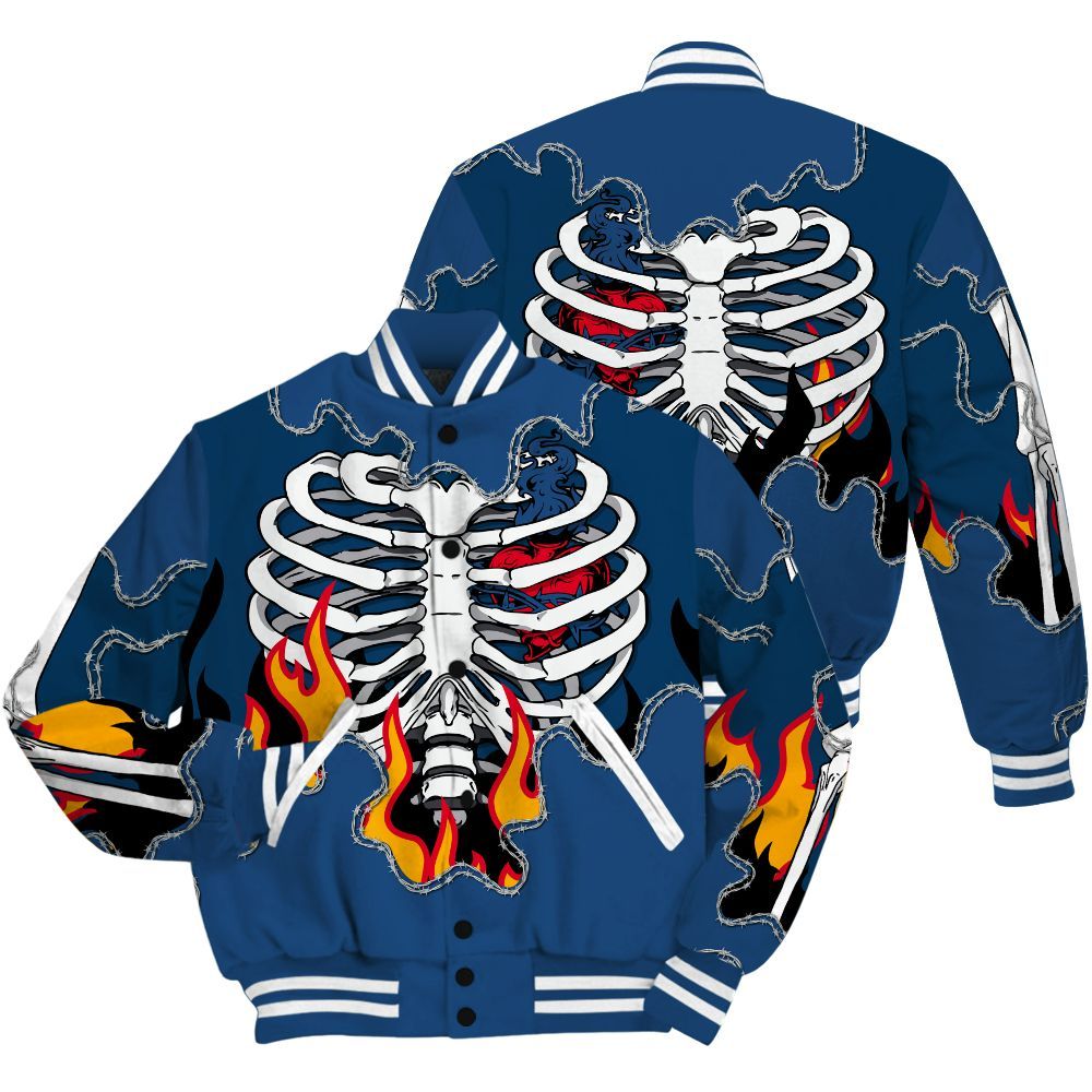 Varsity Jacket To Match High OG Midnight Navy 1s Shirt, Skeleton Heart On Fire All Over Print