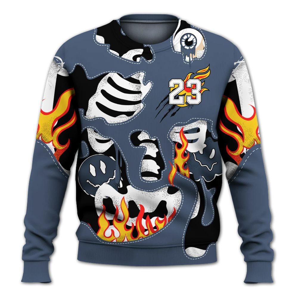 Sweatshirt To Match Low Diffused Blue 11s - Skeleton Smile Flame Drip All Over Print