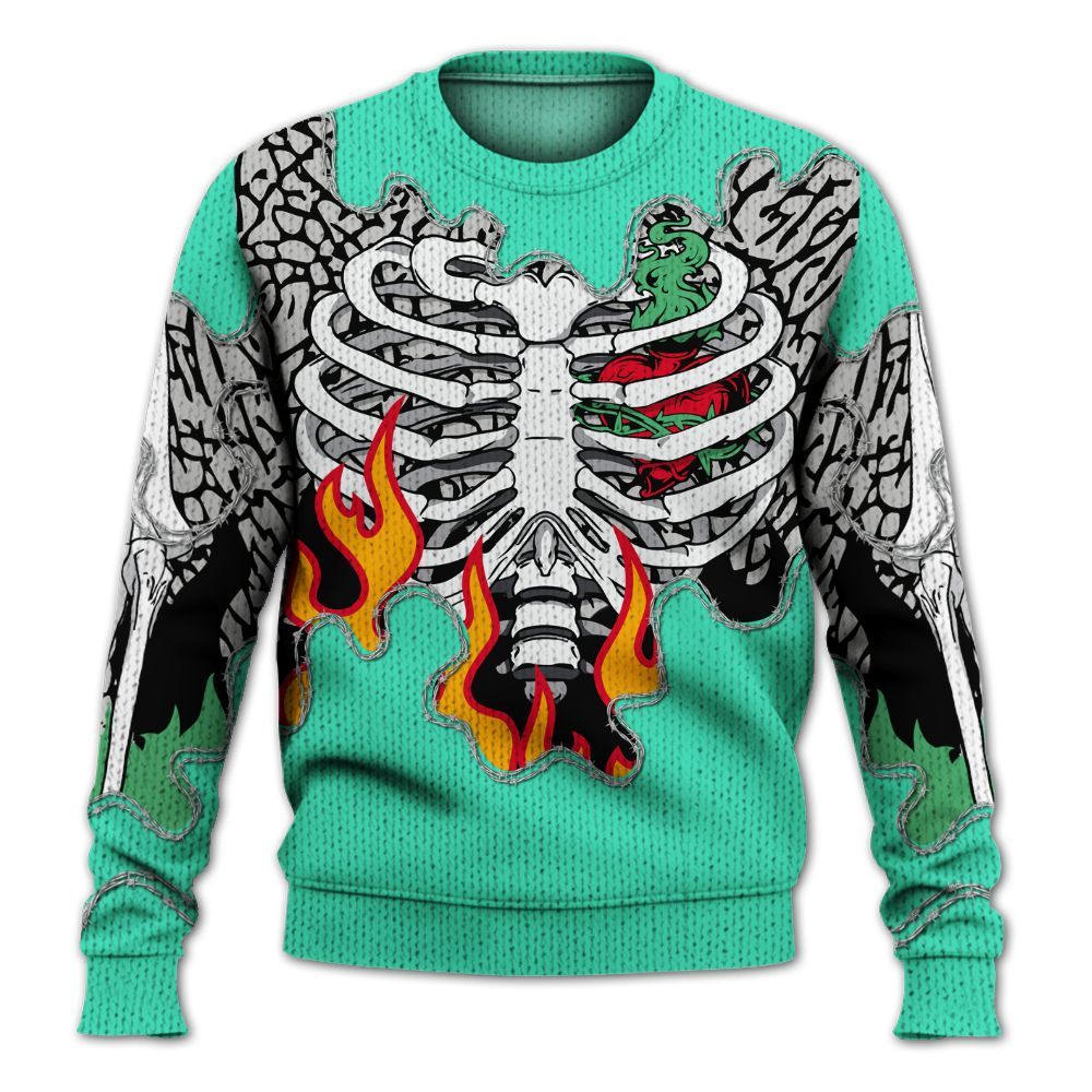 Knitted Sweater To Match Black Green Glow 3s - Skeleton Heart On Fire Green Glow 3s