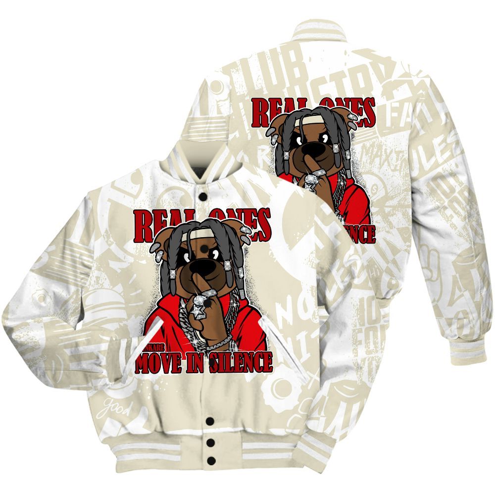 Varsity Jacket To Match Cement Grey 3s Shirt - Silent Achievers Bear Monogram Graffiti All Over Print