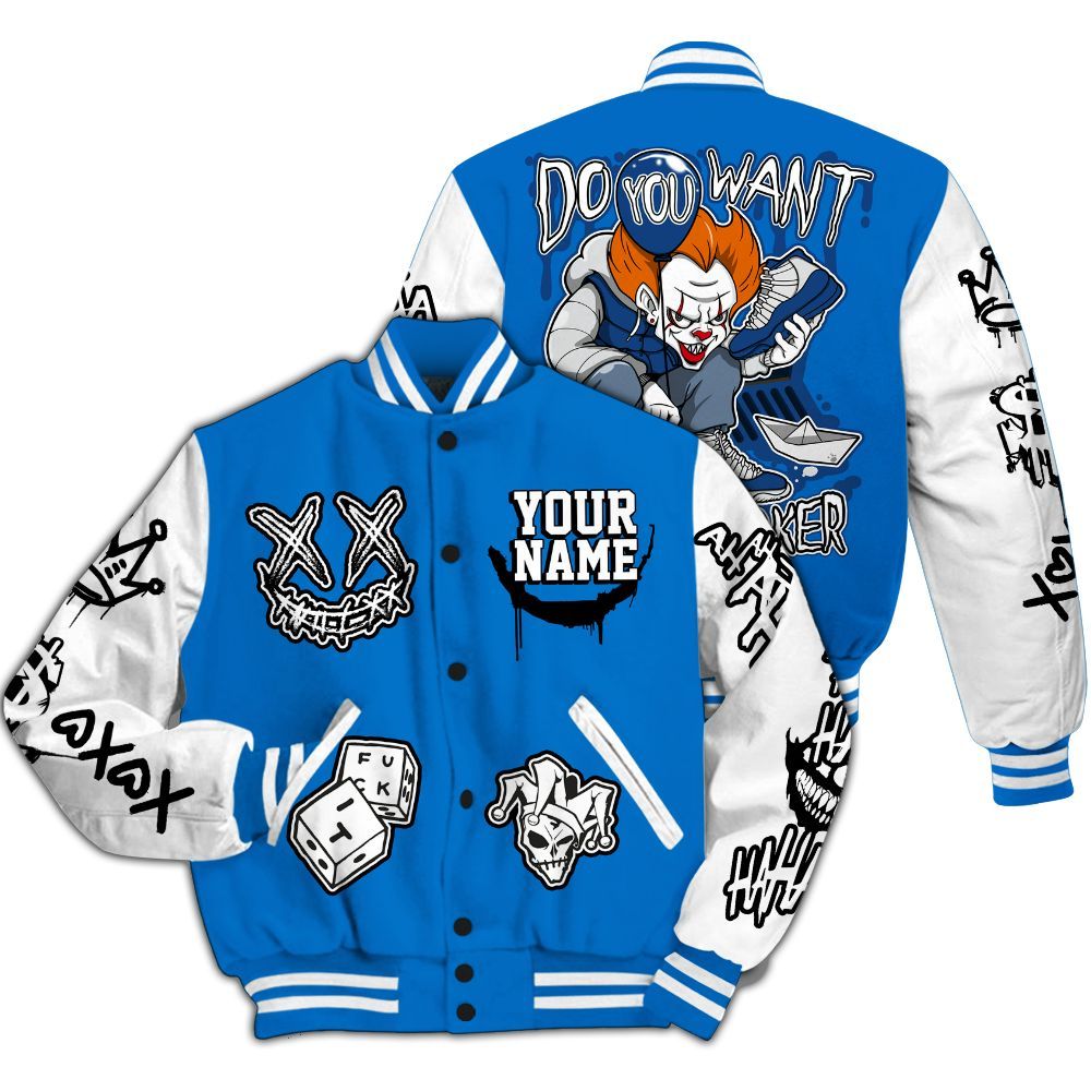 Varsity Jacket To Match Blueberry 12s - Clown Scary Sneakers Graphic Custom Name All Over Print