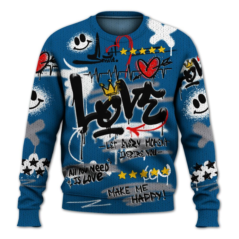 Knitted Sweater To Match High OG True Blue 1s - Happy Love Beats Graffiti Streetwear