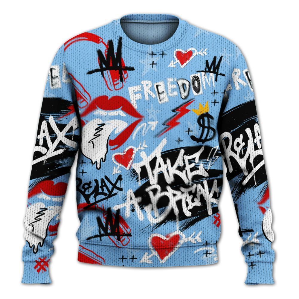Knitted Sweater To Match University Blue 5s - Take Break Freedom Graffiti Streetwear