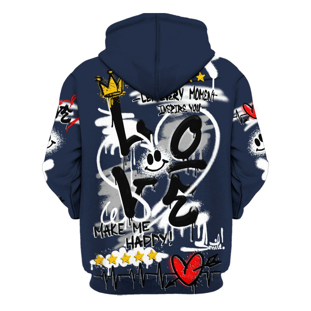Hoodie To Match Dunk Low White Midnight Navy - Happy Love Beats Graffiti Streetwear All Over Print