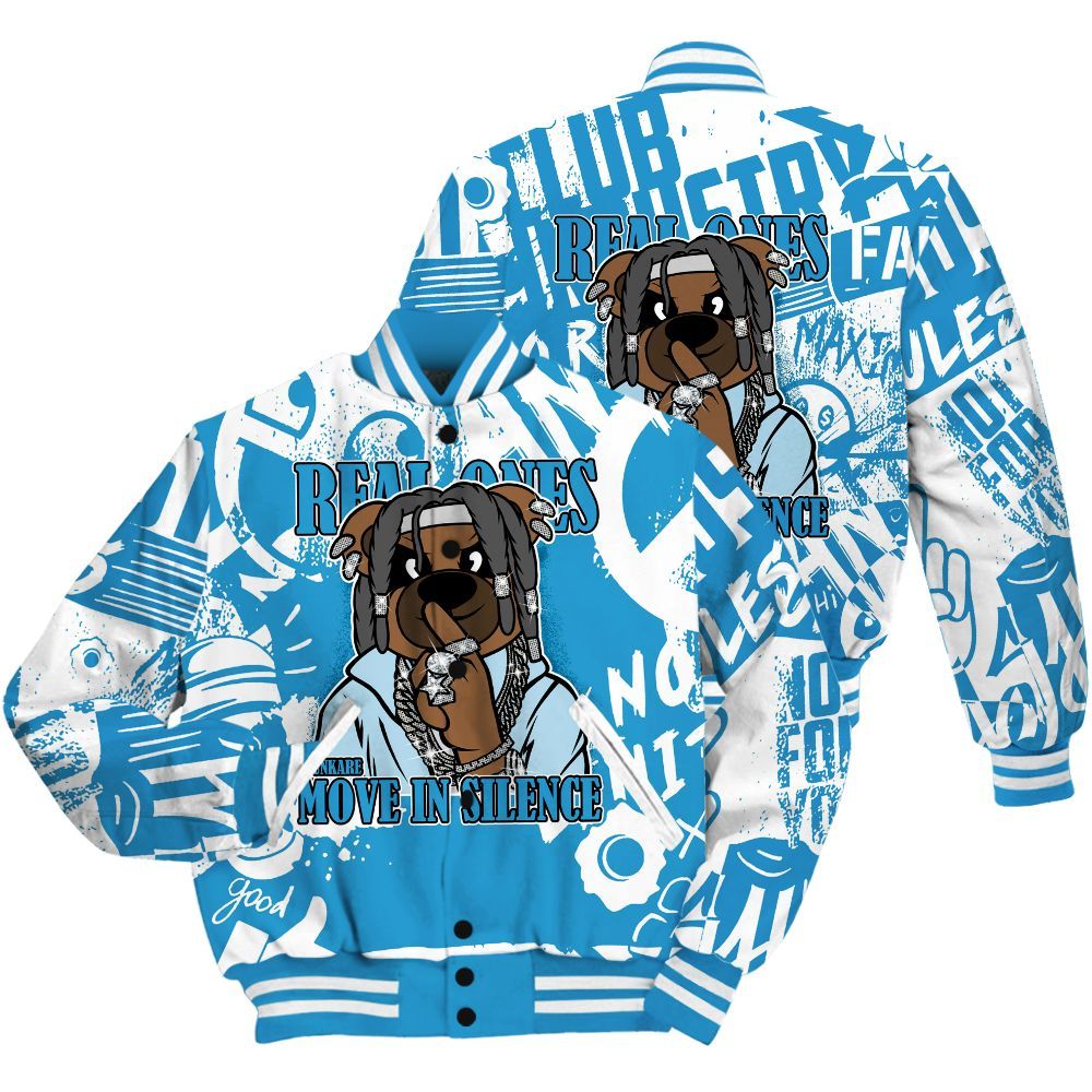 Varsity Jacket To Match Powder Blue 9s Shirt - Silent Achievers Bear Monogram Graffiti All Over Print