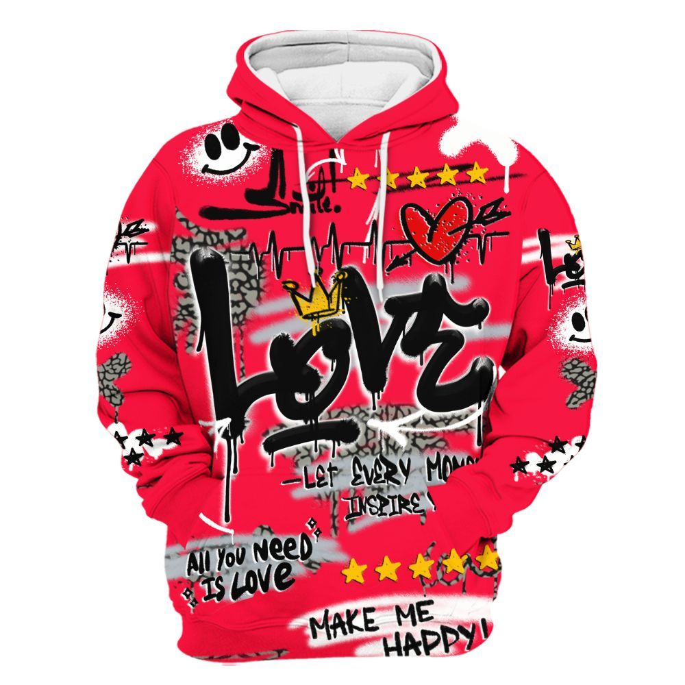 Hoodie To Match Retro Fire Red 3s - Happy Love Beats Graffiti Streetwear All Over Print
