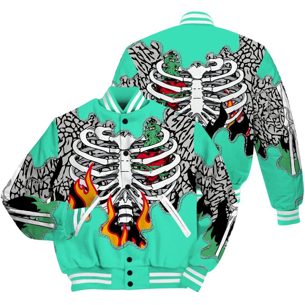Varsity Jacket To Match Black Green Glow 3s Shirt, Skeleton Heart On Fire Green Glow 3s All Over Print