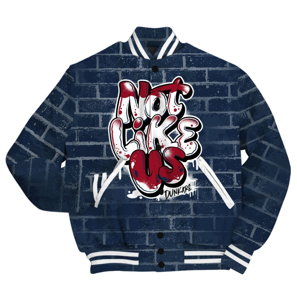 Varsity Jacket To Match White Midnight Navy 6s Shirt - None Like Us Graphic Brick Art All Over Print