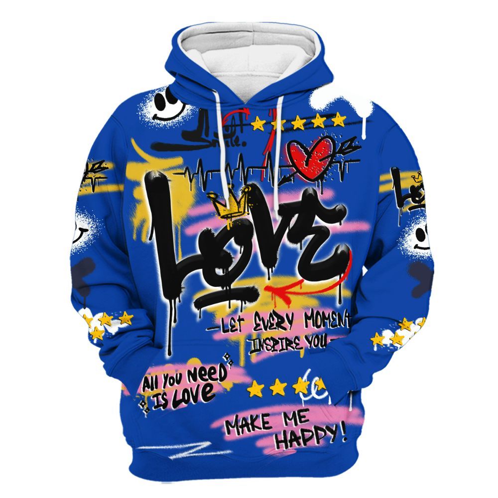 Hoodie To Match Brazil Racer Blue Yellow 3s - Happy Love Beats Graffiti Streetwear All Over Print