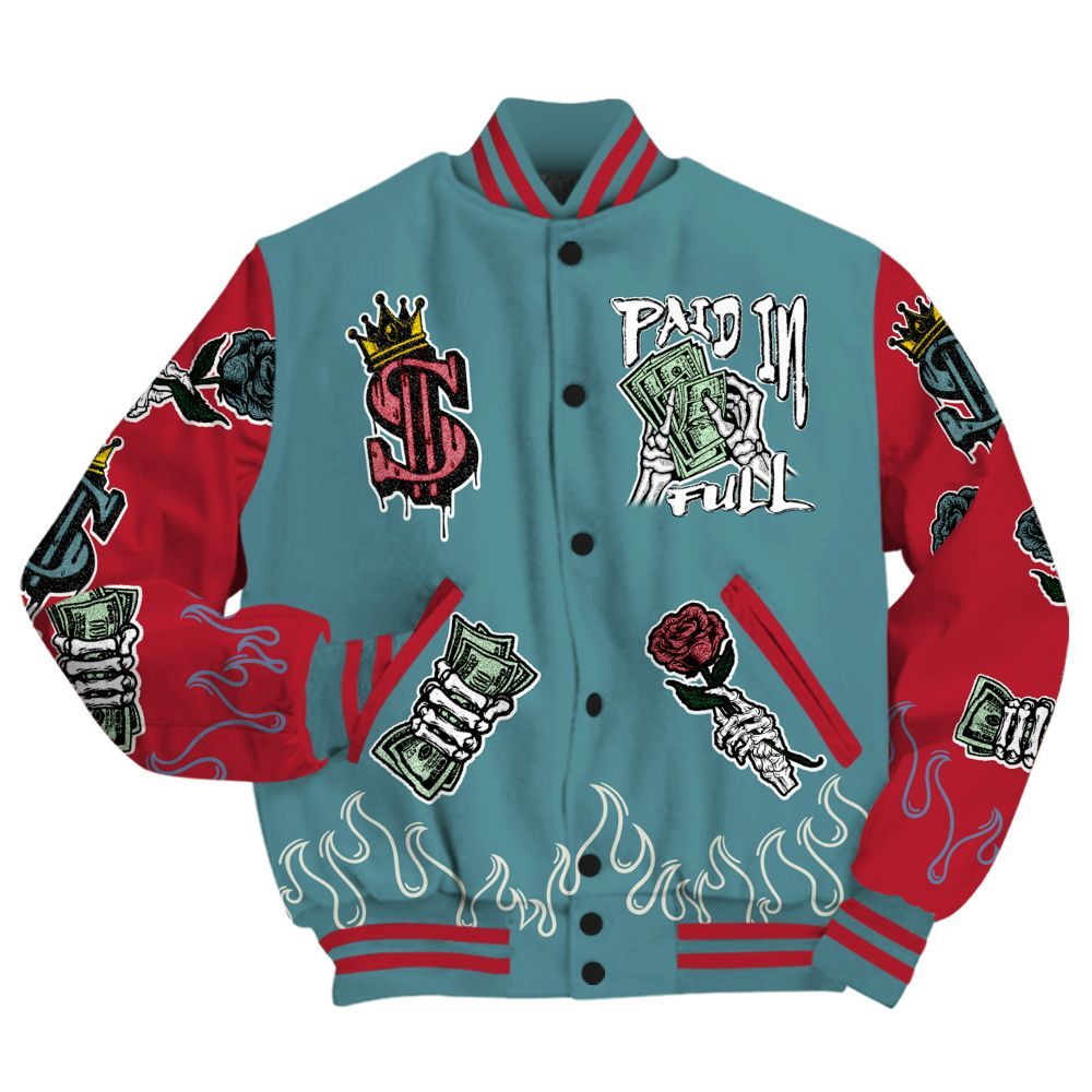 Varsity Jacket To Match Dunk Low Denim Turquoise Royal - Fire Everybody Paid In All Over Print