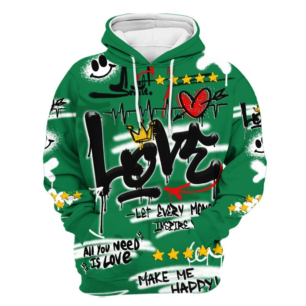 Hoodie To Match Pine Green 13s - Happy Love Beats Graffiti Streetwear All Over Print