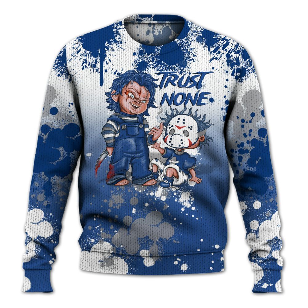 Knitted Sweater To Match High OG True Blue 1s - Trust No One Scary