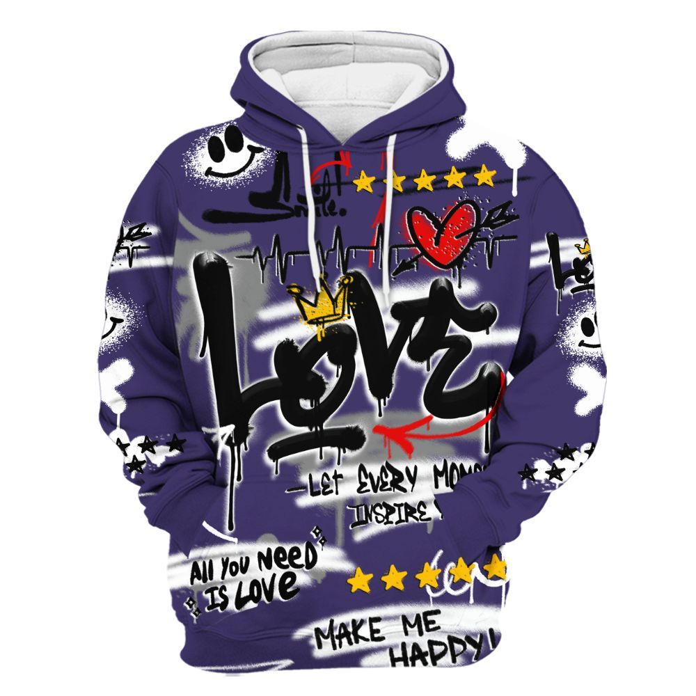 Hoodie To Match Retro Court Purple 13s - Happy Love Beats Graffiti Streetwear All Over Print