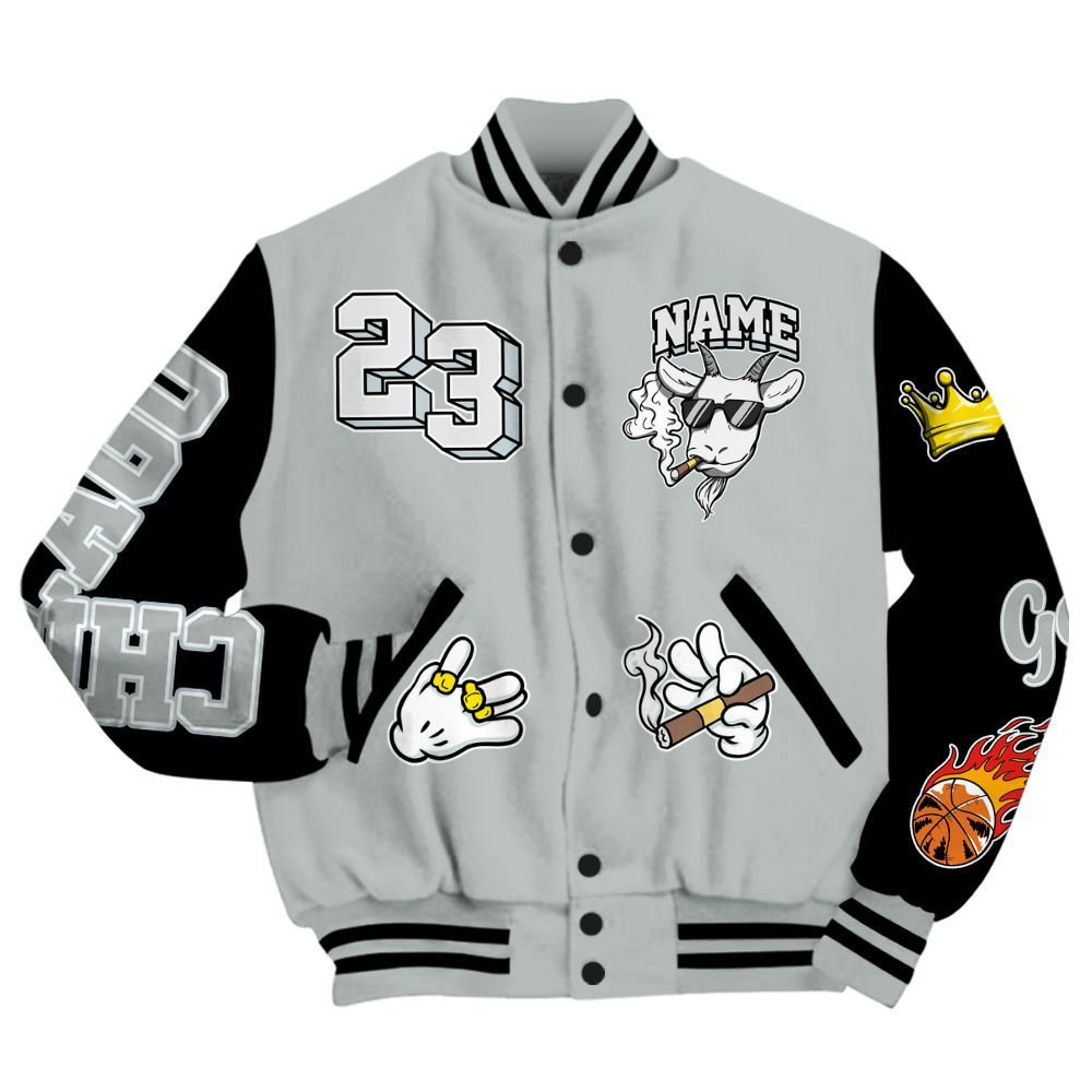 Varsity Jacket To Match Black Wolf Grey 12s - G.O.A.T Number 23 Custom Name All Over Print