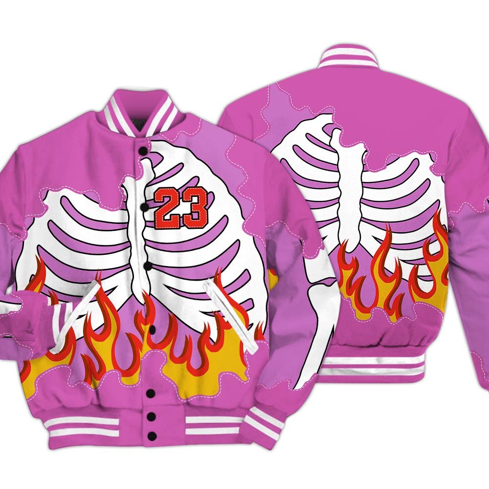 Varsity Jacket To Match Hyper Violet 4s - Number 23 Skeleton Flame Baseball Varsity Jacket