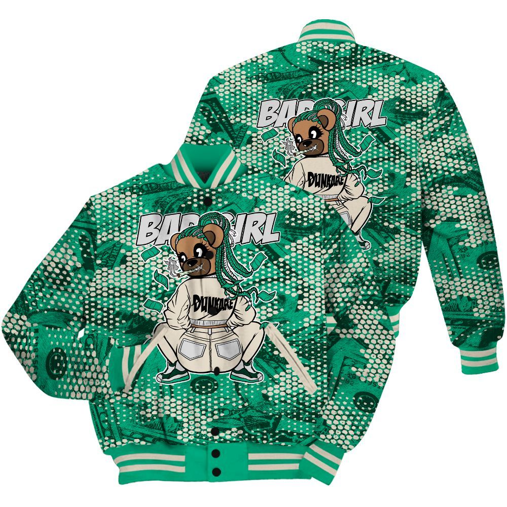 Varsity Jacket To Match Oxidized Green 4s Shirt - Rebellious Girl Bear Banknotes Art All Over Print