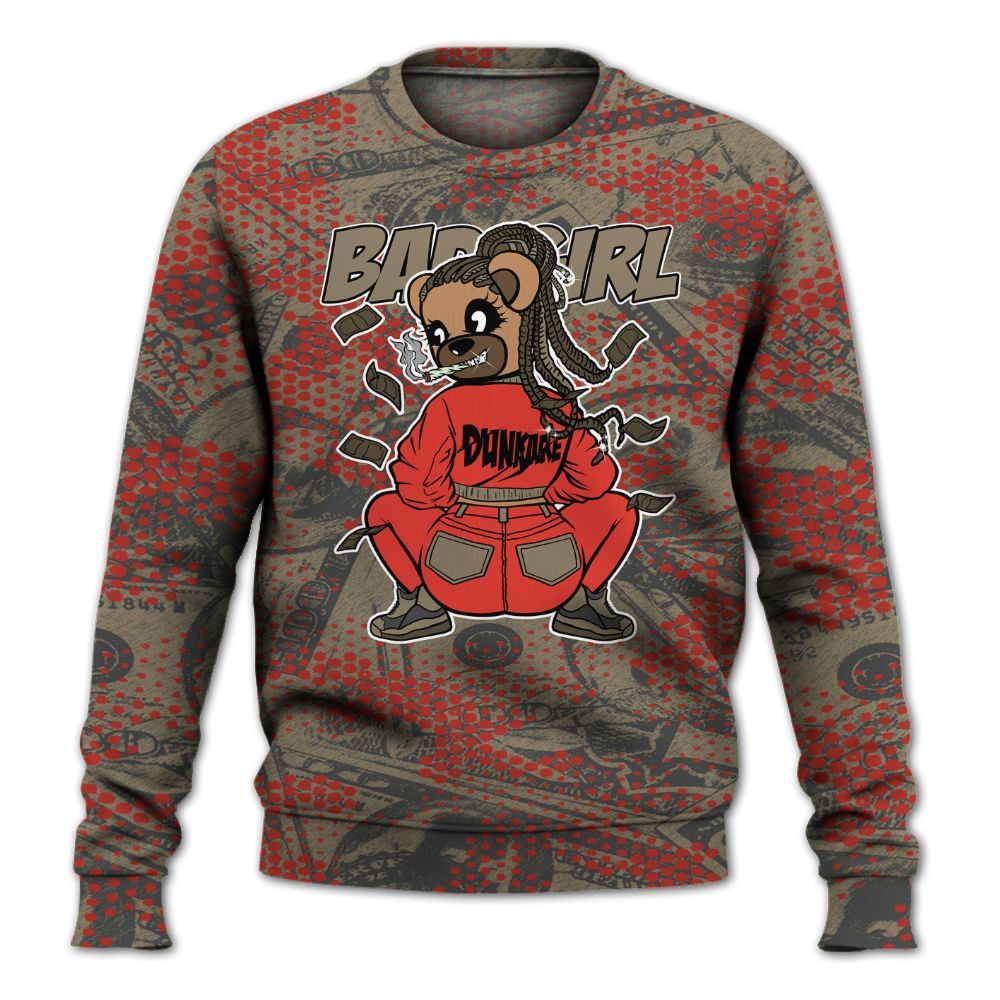 Sweatshirt To Match Olive 9s - Rebellious Girl Bear Banknotes Art All Over Print