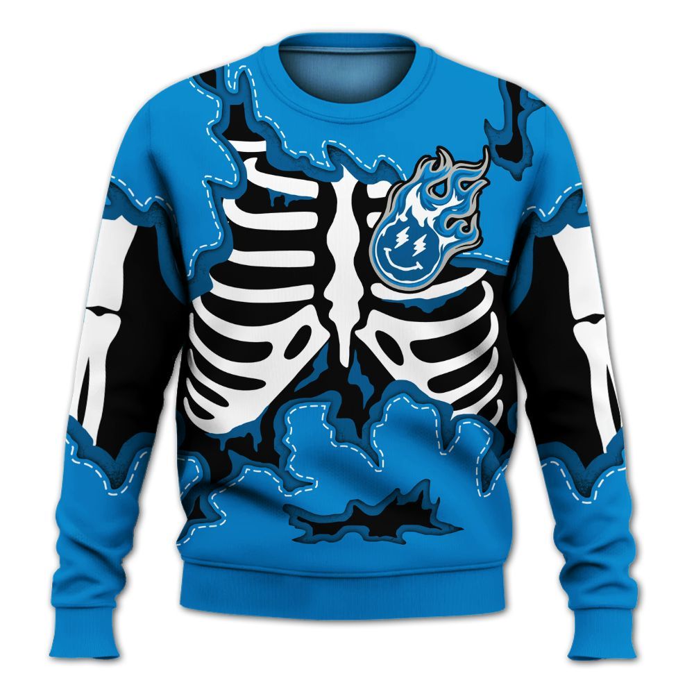 Sweatshirt To Match Industrial Blue 4s - Skeleton Smiley Face Military Blue 4s All Over Print