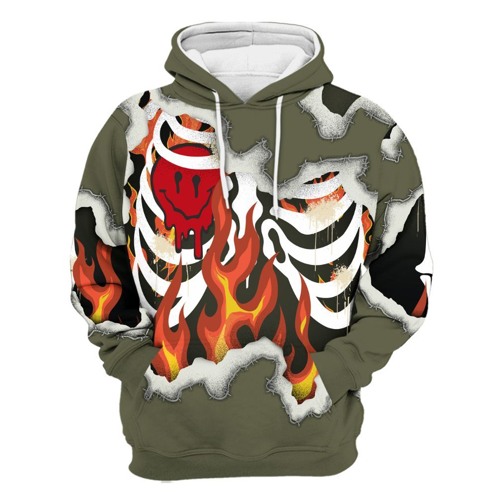 Hoodie To Match Travis Scott Low OG Medium Olive 1s - Skeleton On Fire Skrrt All Over Print