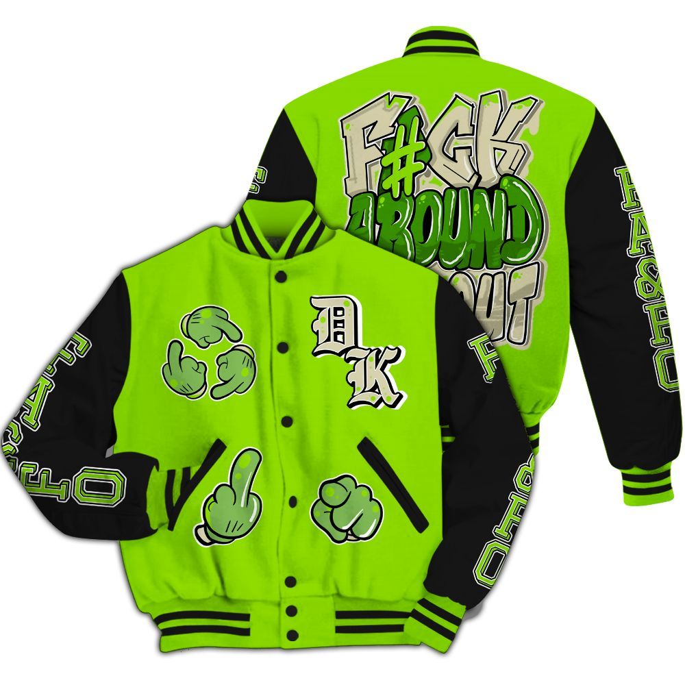 Varsity Jacket To Match Electric Green 6s - F Around Find Out Graphic All Over Print