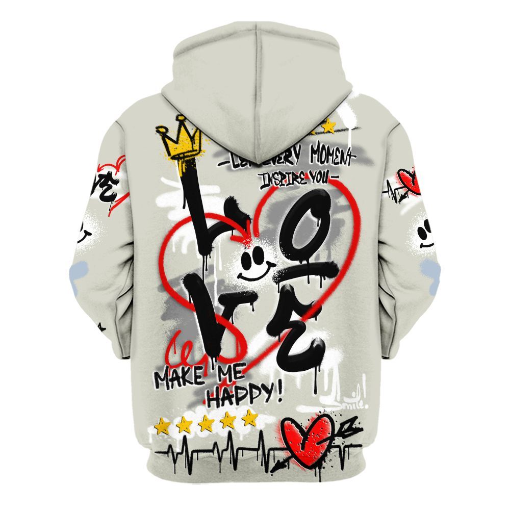 Hoodie To Match Low OG Wolf Grey 1s - Happy Love Beats Graffiti Streetwear All Over Print