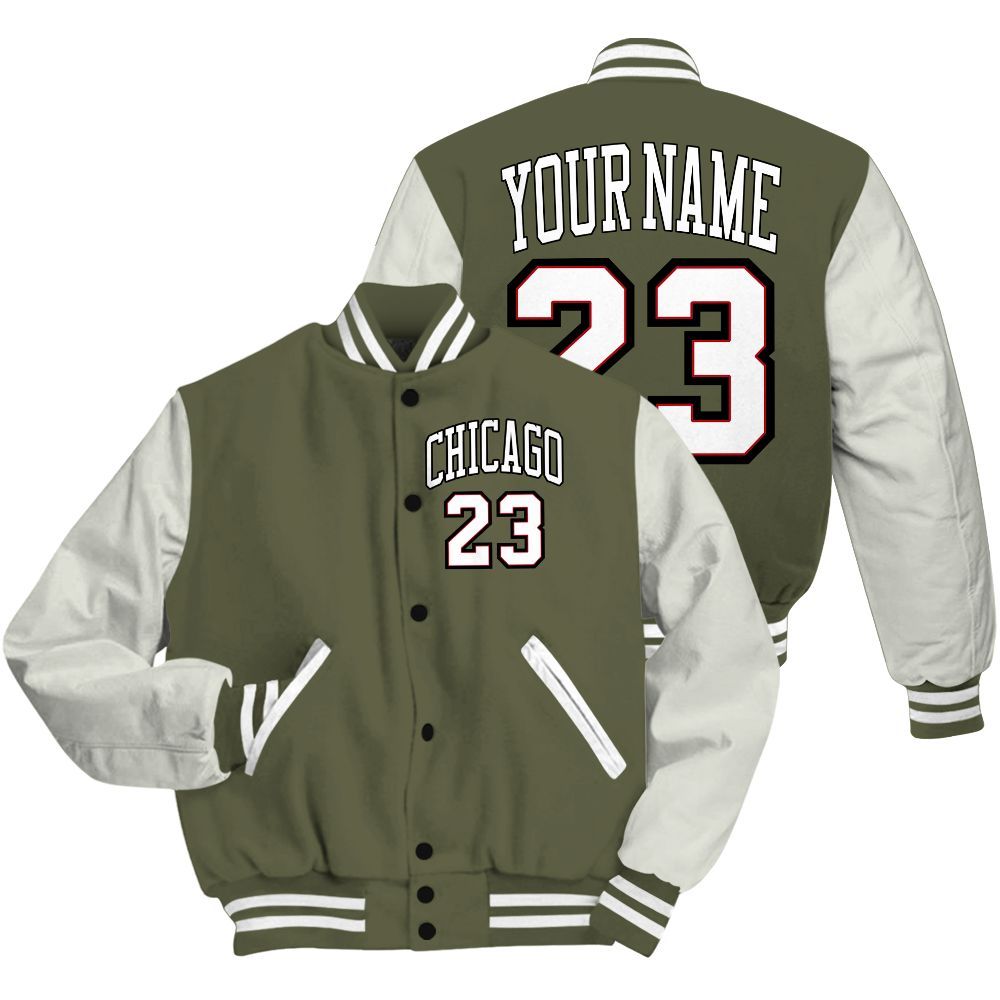 Varsity Jacket To Match Low OG Medium Olive 1s - Custom Name Chicago 23 All Over Print