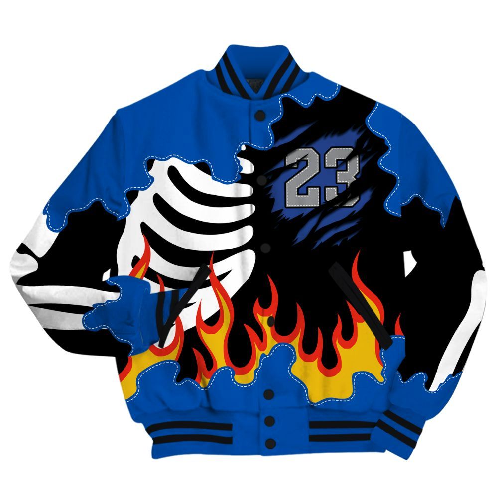 Varsity Jacket To Match Racer Blue 5s - Burning Skeleton 23 G.O.A.T All Over Print