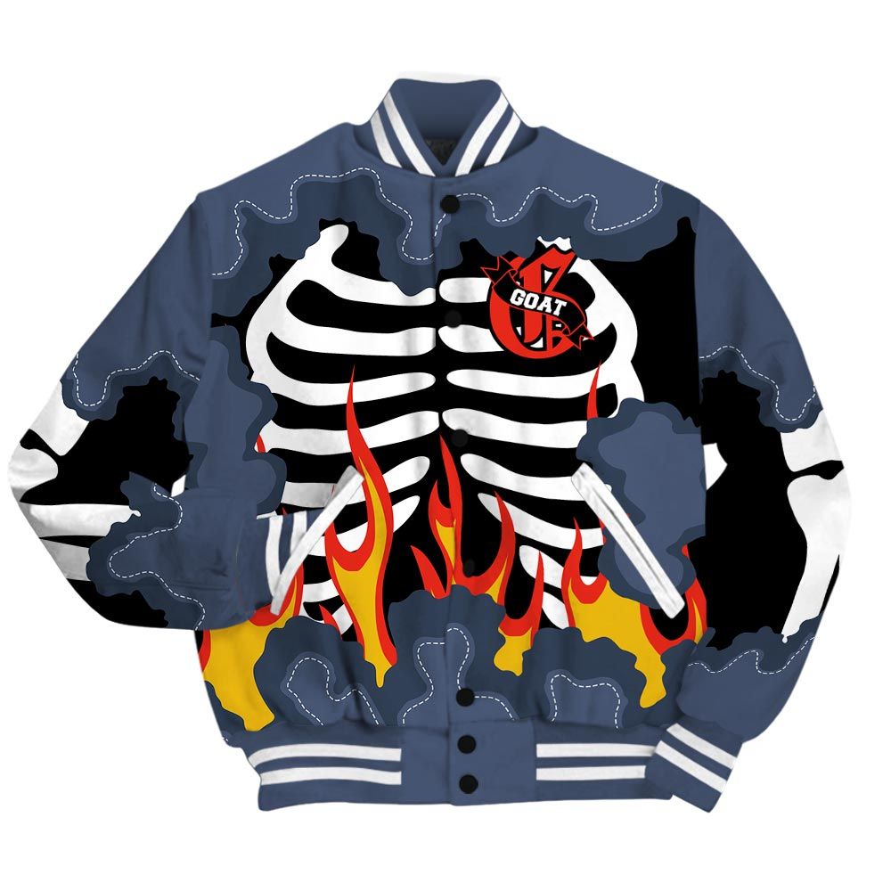 Varsity Jacket To Match Low Diffused Blue 11s - G.O.A.T 23 Skeleton Flame Baseball Varsity Jacket Outfit