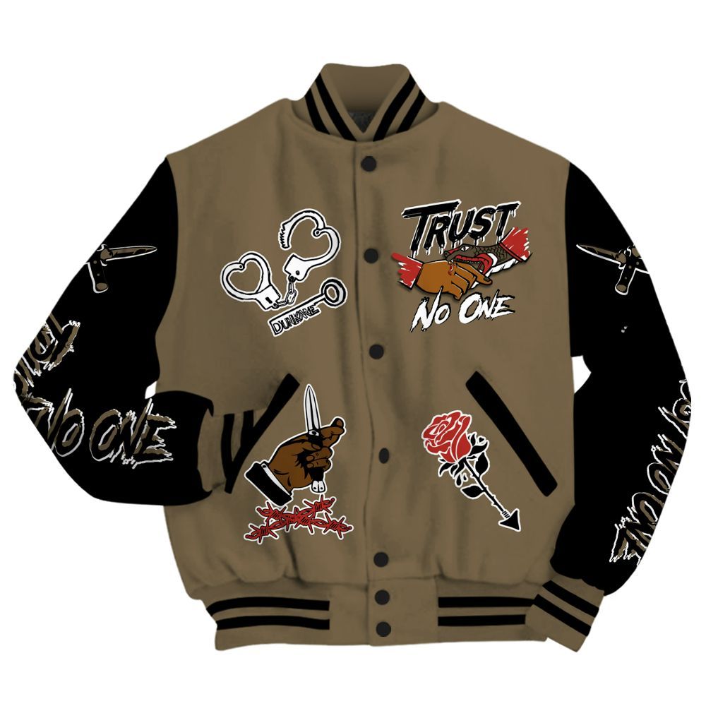 Varsity Jacket To Match Olive 9s - Trust No One Dripping All Over Print