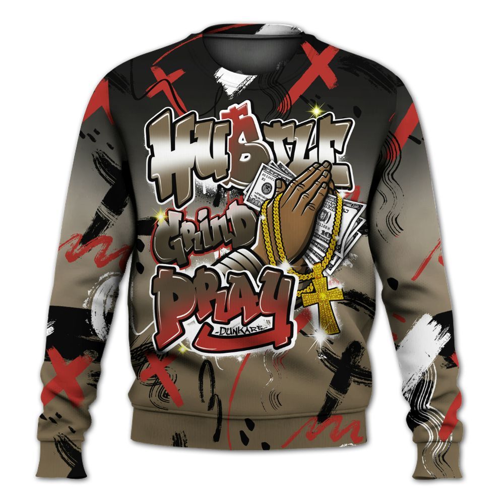 Sweatshirt To Match Olive 9s - Money Hustle Grind Pray All Over Print