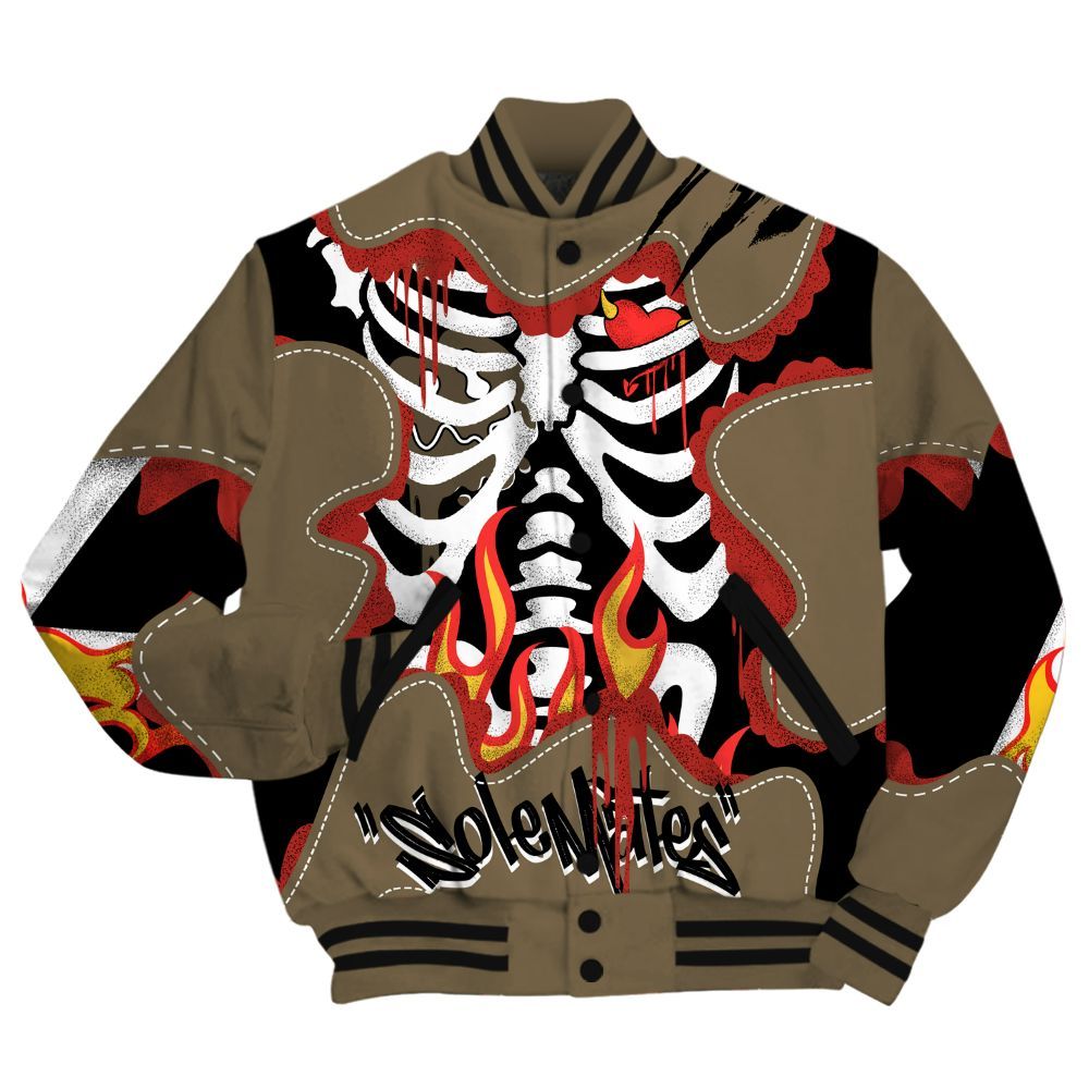 Varsity Jacket To Match Olive 9s - Skeleton Burning Heart Drip All Over Print