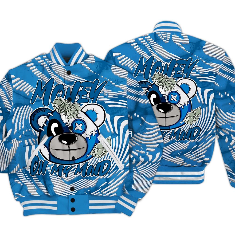 Varsity Jacket To Match Industrial Blue 4s - Money On My Mind Bear Fume Varsity Jacket Unisex